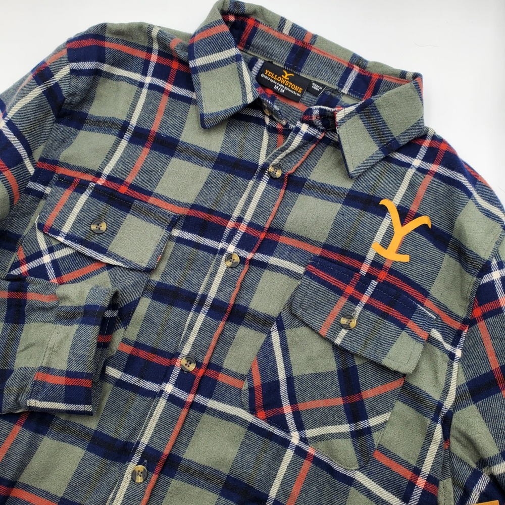 Yellowstone Dutton Ranch Plaid Flannel Shirt Men's M/M Orange Y Logo‎